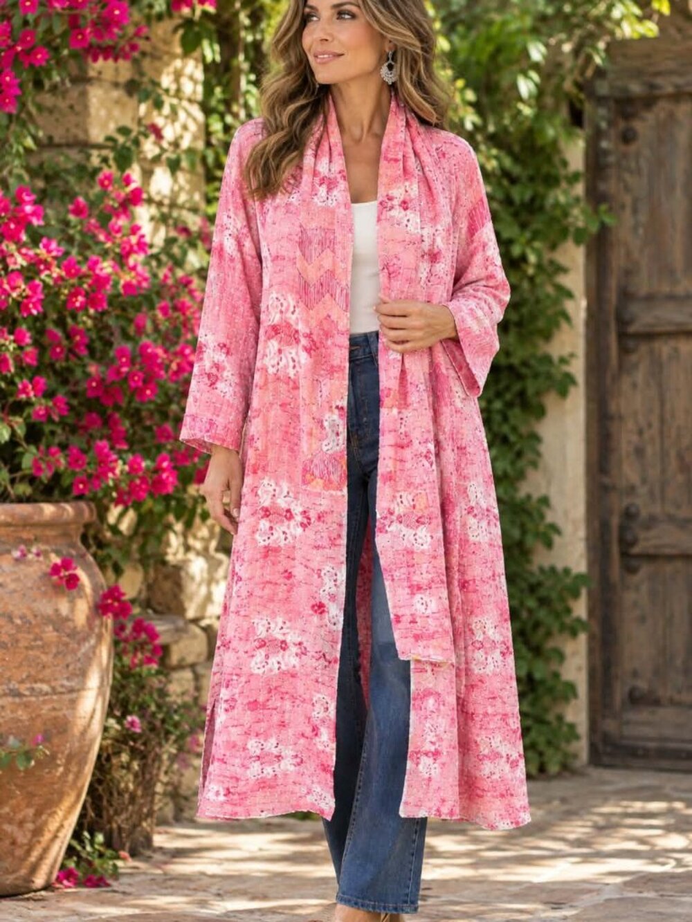 Women Handmade One Of A Kind Pink Kantha Duster Open Front Kimono & Scarf